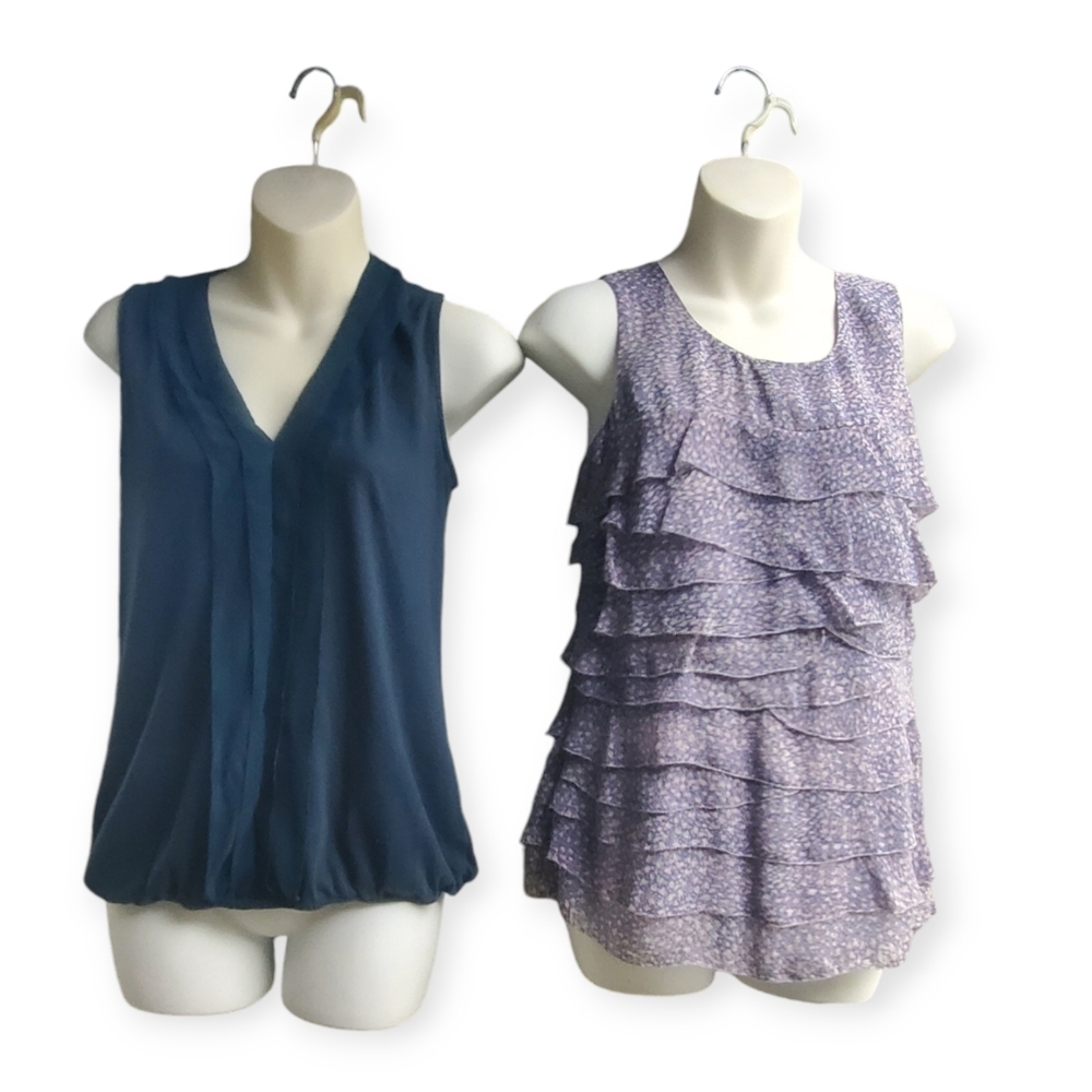 Ann Taylor Tiered Ruffled Sleeveless Blouse & Loft Dark Green Sleeveless Size XS